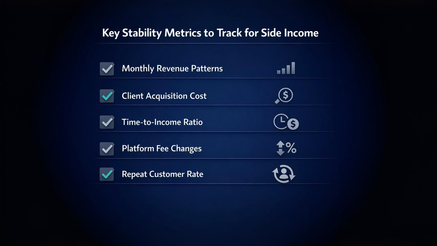 Checklist of essential stability metrics to monitor for side income including revenue patterns and client acquisition costs