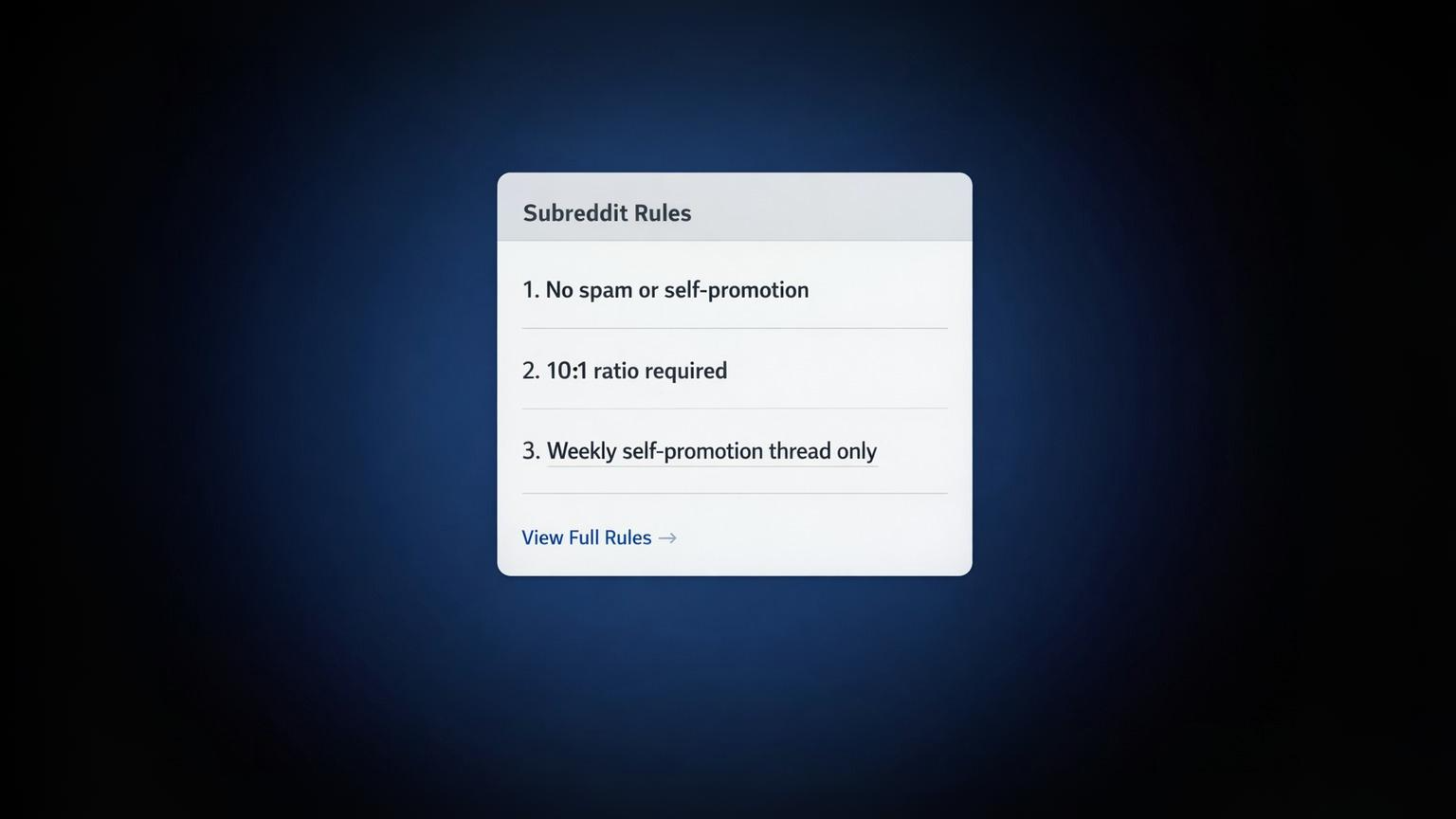 Example of subreddit rules panel showing self-promotion restrictions and community guidelines for commercial content