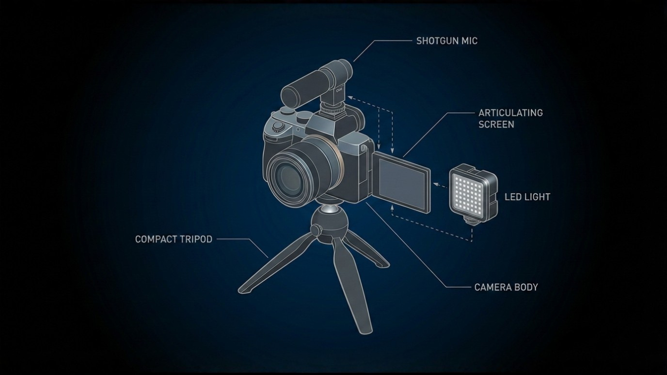 Diagram illustrating a complete vlogging camera setup with external microphone, lighting, and tripod mount configuration
