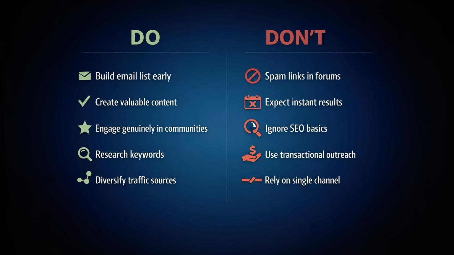 Visual checklist comparing effective blog promotion strategies versus common mistakes to avoid when growing without social media