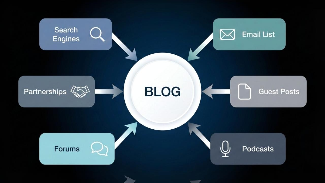 Flowchart showing six non-social media traffic sources directing visitors to a central blog including search engines, email, and partnerships
