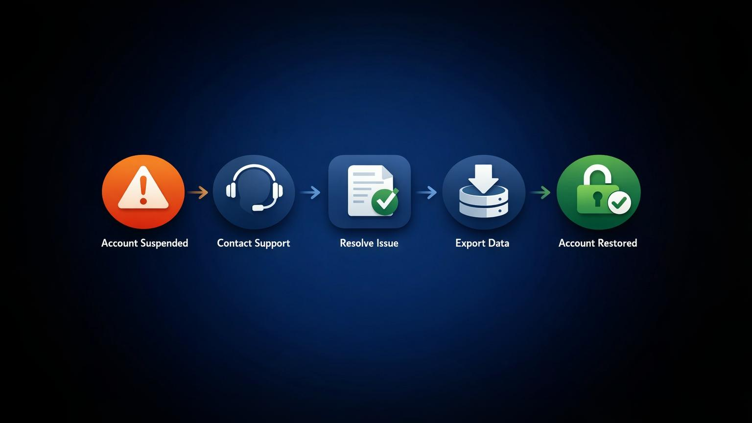Horizontal step-by-step illustration showing the process from account suspension to recovery through support contact and issue resolution