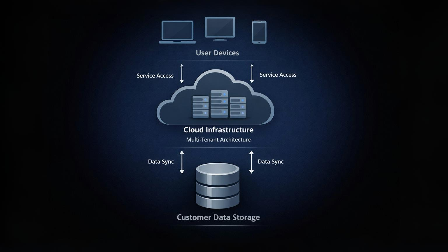 Technical diagram showing SaaS cloud architecture with user devices accessing centralized servers and shared infrastructure