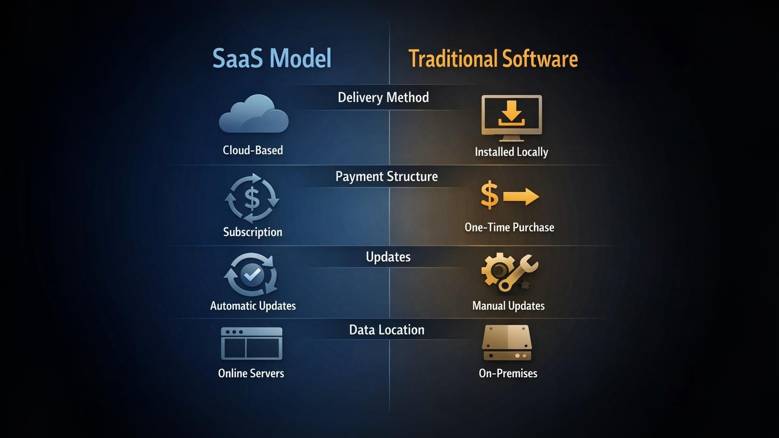 Comparison chart showing key differences between SaaS and traditional software models including delivery, payment, updates, and storage
